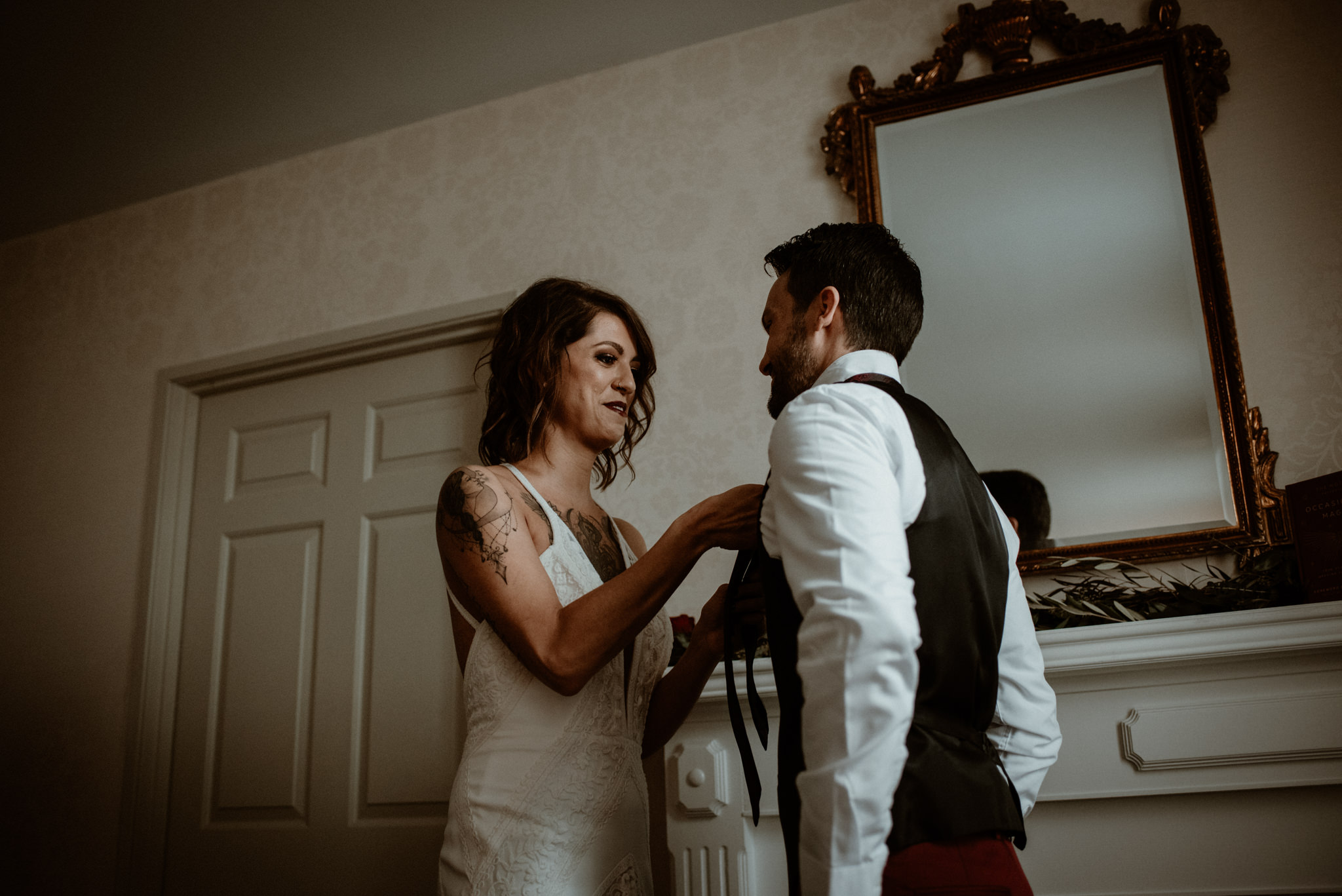 Getting ready at the Landmark Inn in Marquette- Upper Peninsula Elopement.