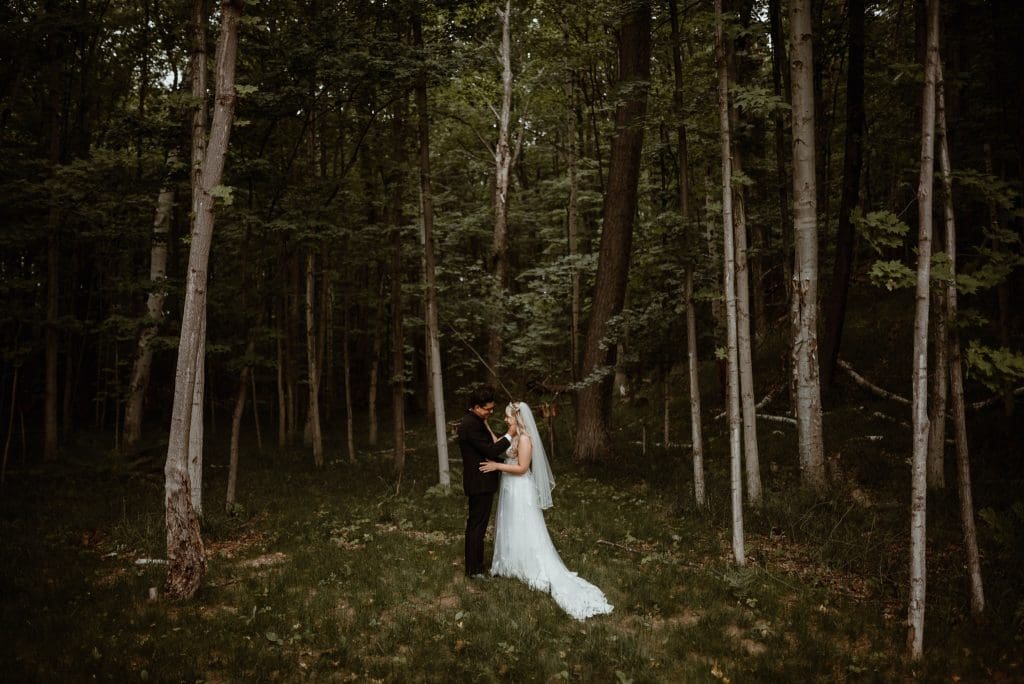 A bride and groom elope in Michigan in the forest.