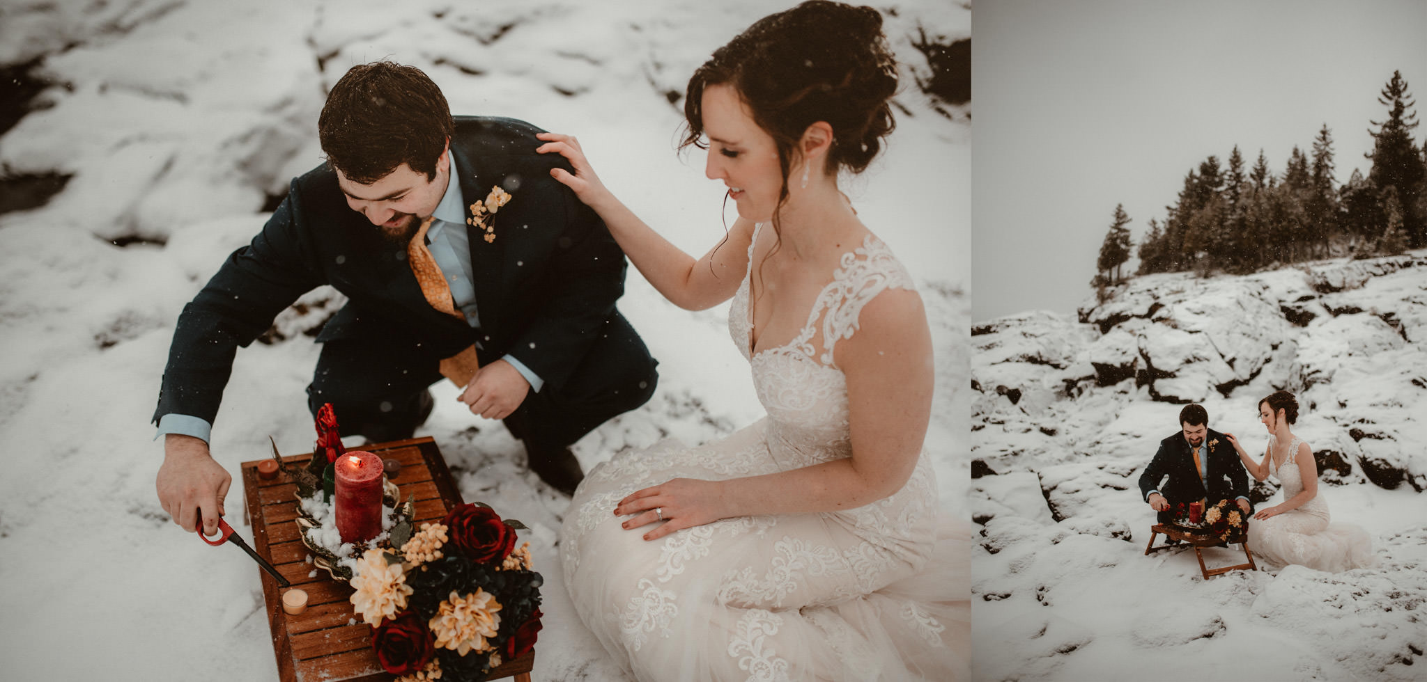 Yule altar setup at winter elopement in Michigan