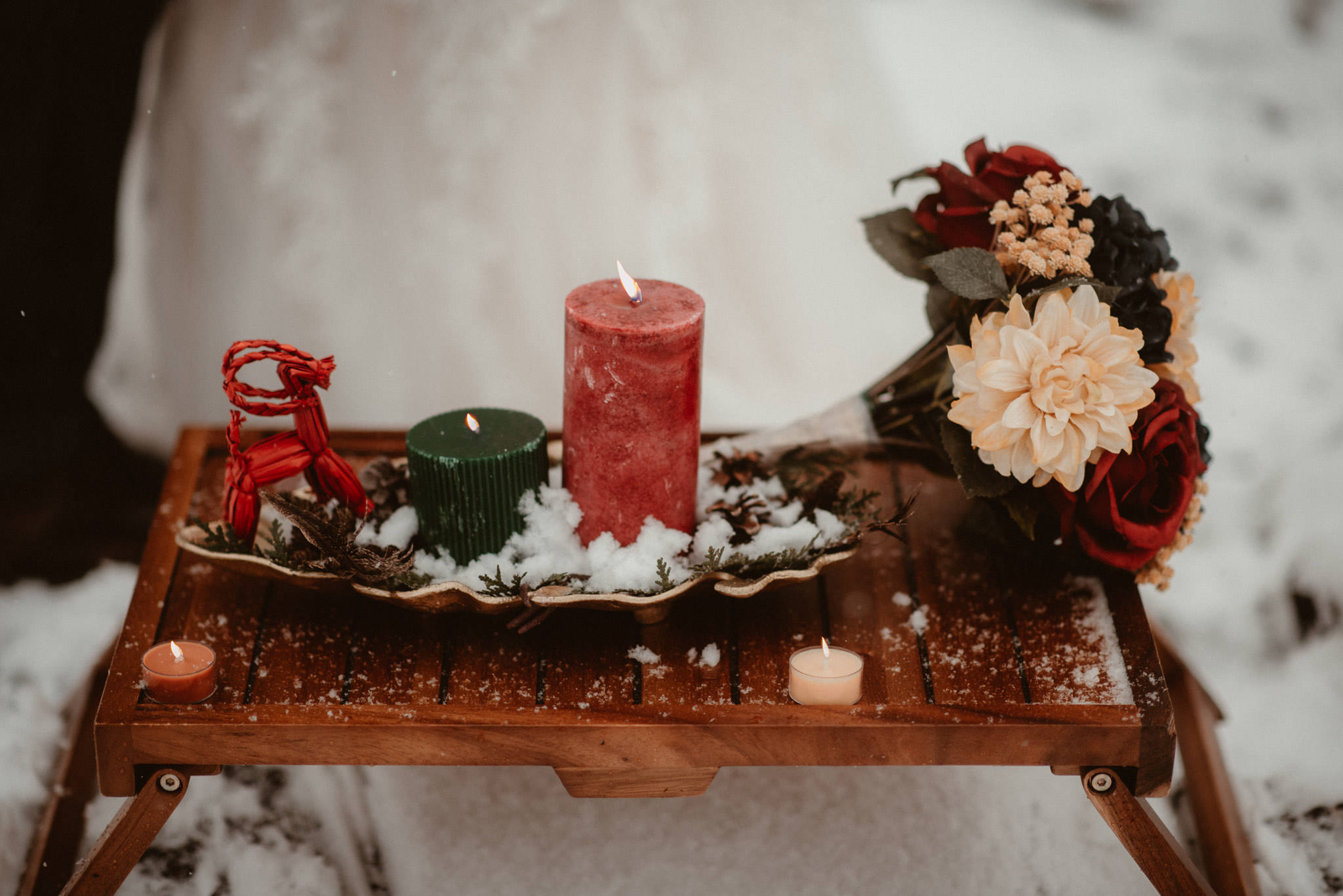Yule altar setup at winter elopement in Michigan