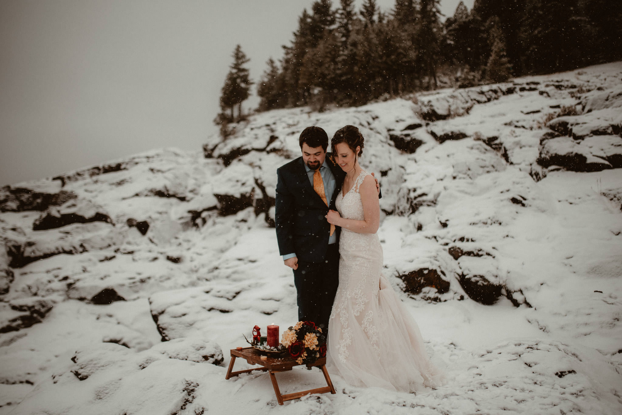 Yule altar at winter elopement in Michigan