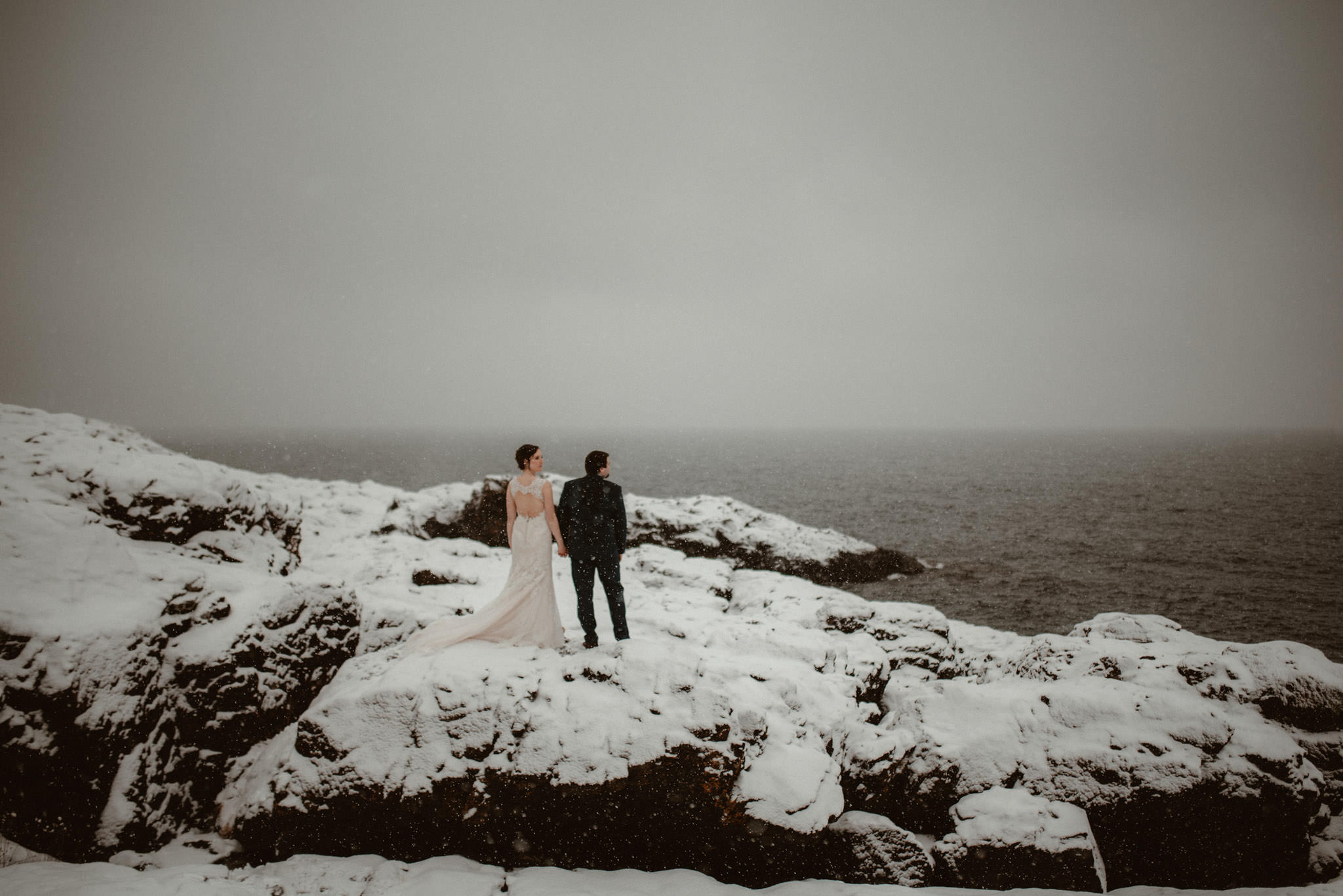 Elopement in winter on Lake Superior, Marquette, Michigan