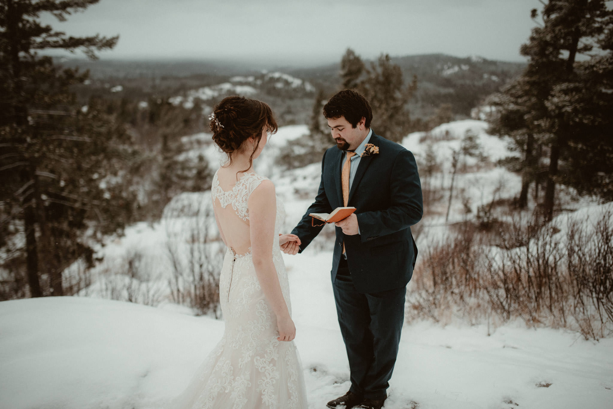 Winter elopement on Sugarloaf Mountain in Marquette, MI