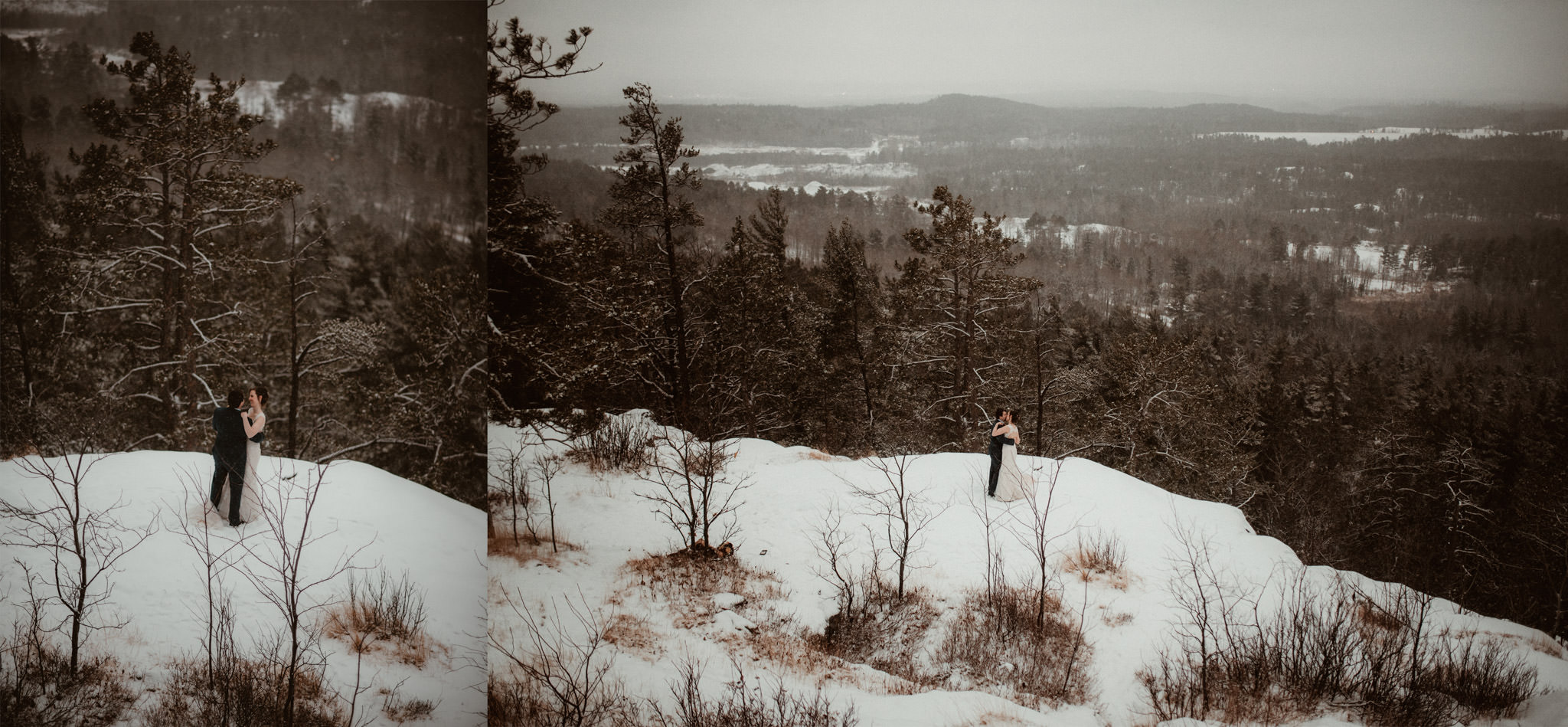 Elopement on Sugarloaf Mountain in Michigan in the snow