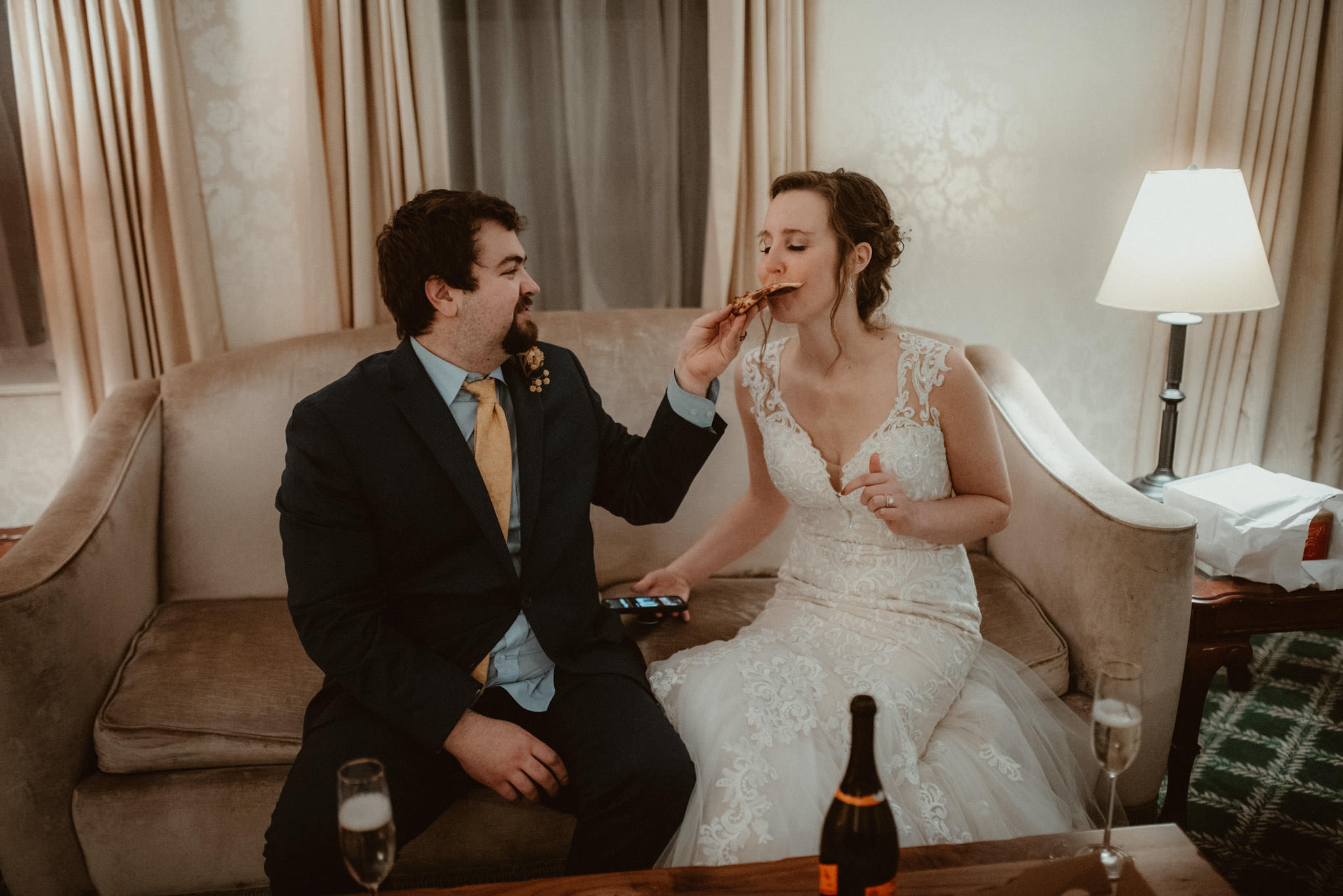 Wine and pizza with the bride and groom at the Landmark Inn