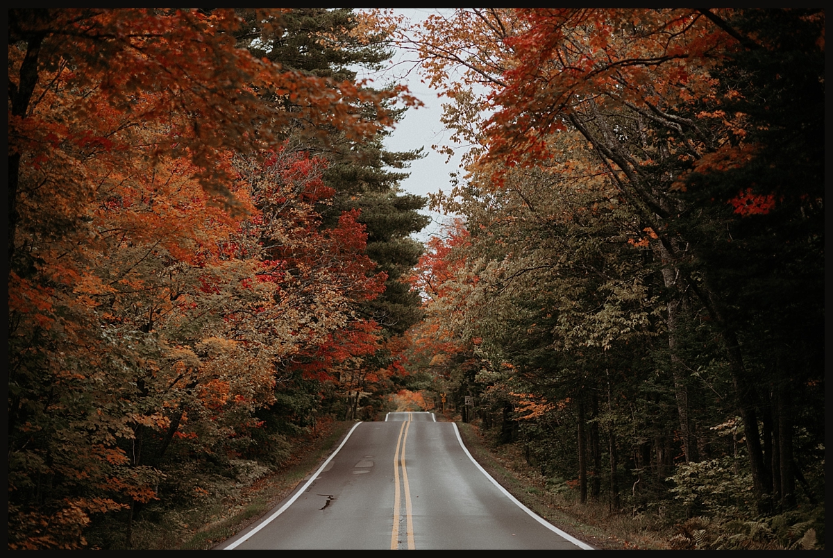 Vibrant Fall colors on the road into Copper Harbor.
