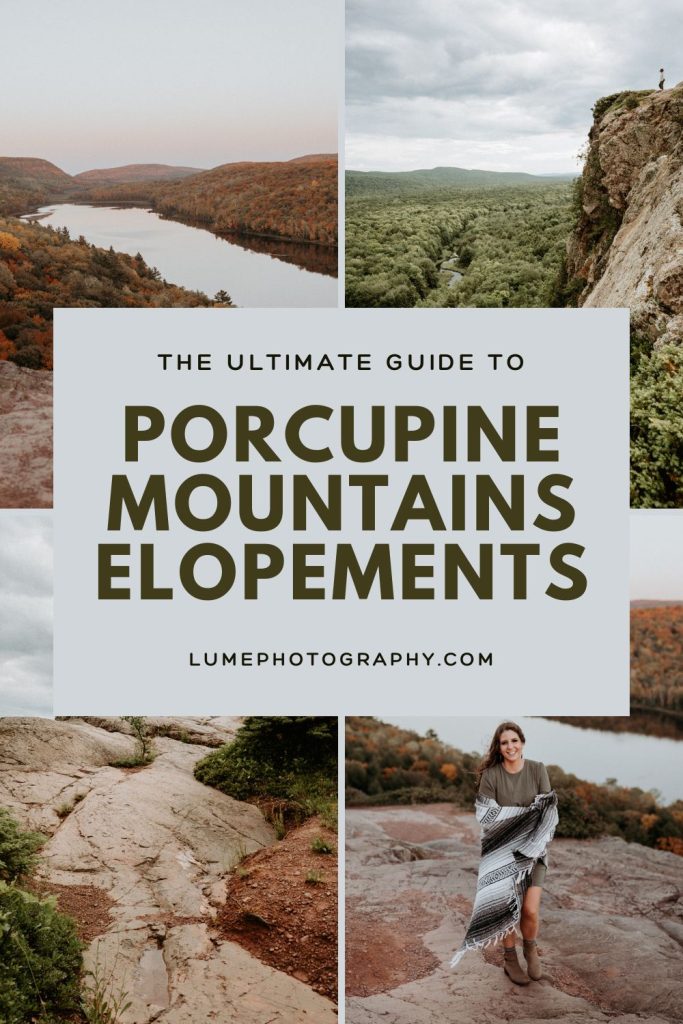 Porcupine Mountains elopement guide cover image featuring a couple exploring Lake of the Clouds overlook in Michigan’s Upper Peninsula.
