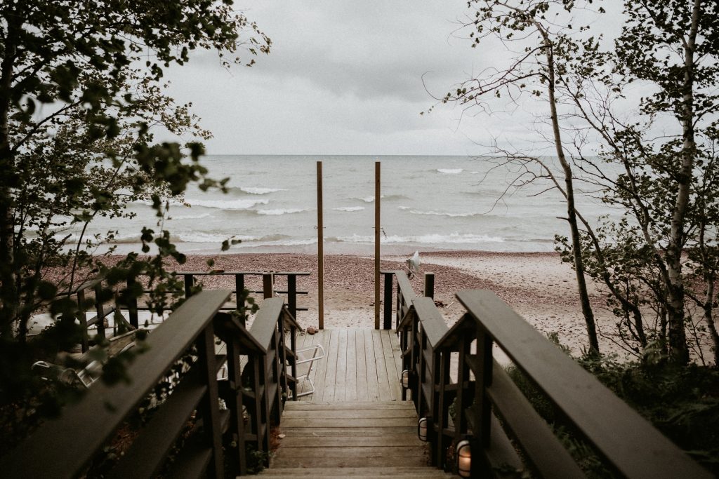 View of Lake Superior down wooden stairs to the beach