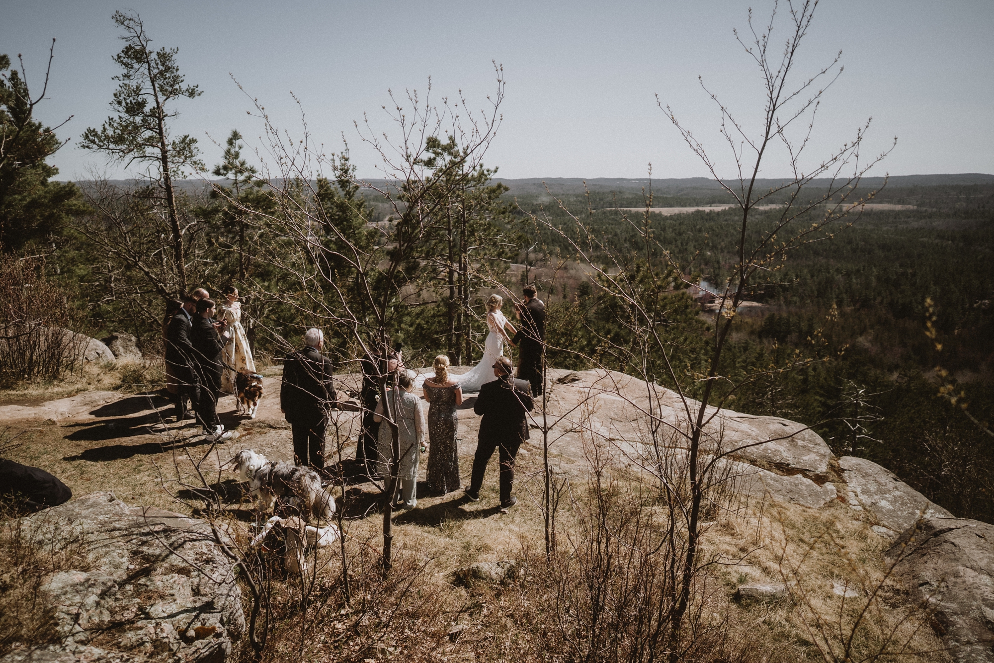 Couple exchanging vows on rocky overlook surrounded by small group of guests during Michigan elopement ceremony with forest and distant lake views