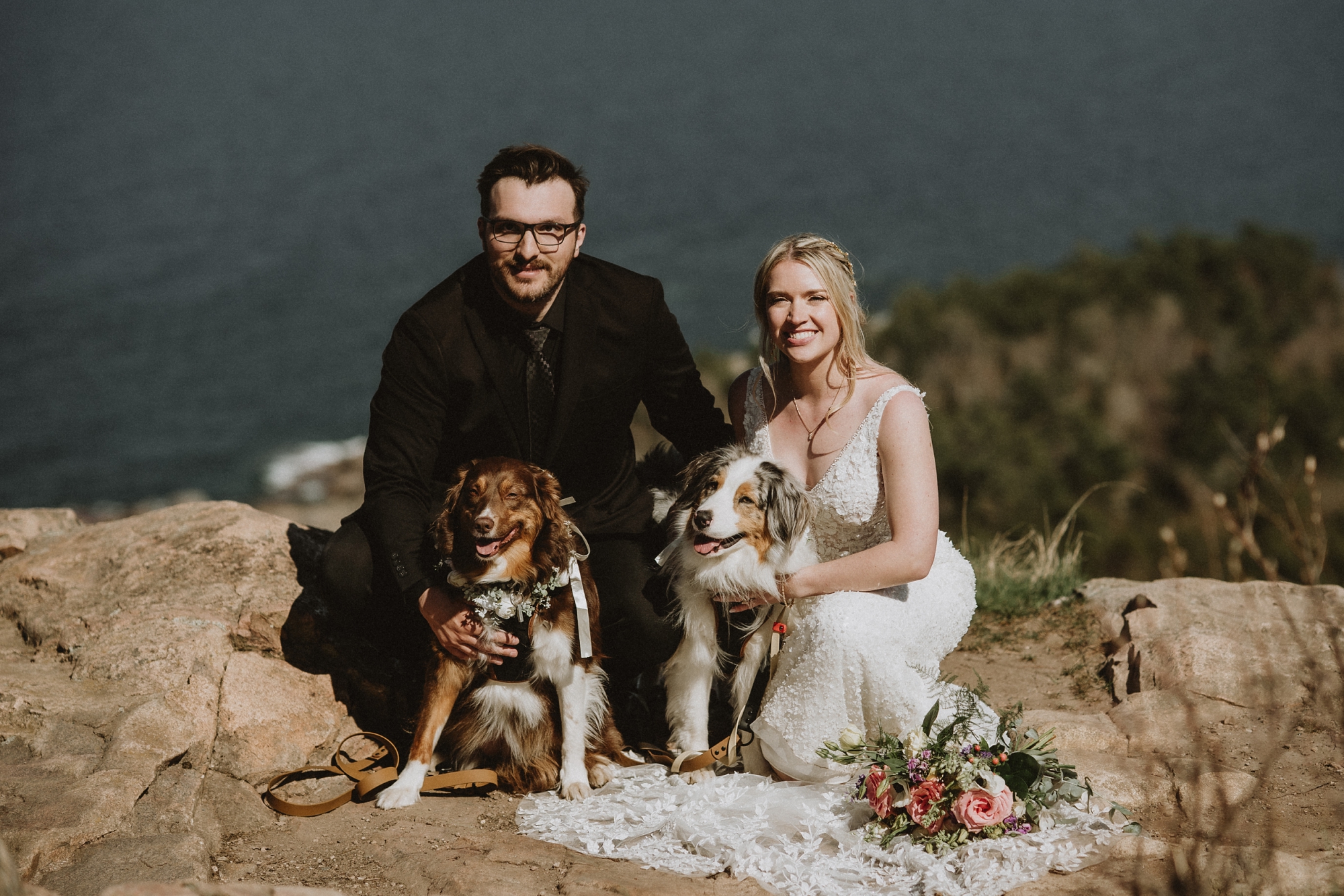 Bride and groom sitting on rocky cliff with two dogs during Michigan elopement, Lake Superior visible in background